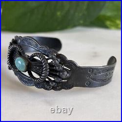 Vintage 925 Sterling Silver Marked Cuff Bracelet With Turquoise Stone