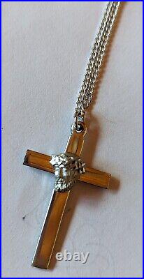 Vintage All Marked Sterling Silver Cross Jesus Head Pendant Necklace 18 Chain