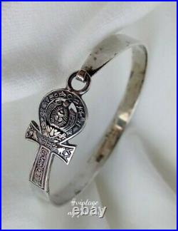 Vintage Ankh Sacred Scarab Bracelet Egyptian Revival Sterling Silver Marked