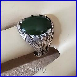 Vintage Antique Chinese Apple Green Jade Sterling Marked Ring Size 9