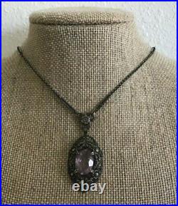Vintage Antique Marked Sterling Filigree Amethyst Marcasite Pendant Necklace J1