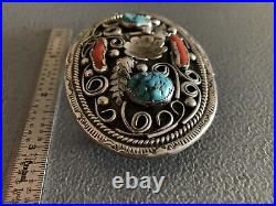 Vintage Arrowhead+Z Marked Sterling Silver & Turquoise & Coral Belt Buckle