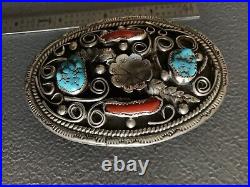 Vintage Arrowhead+Z Marked Sterling Silver & Turquoise & Coral Belt Buckle