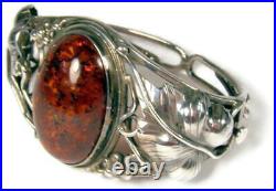 Vintage Art Nouveau Baltic Amber Sterling Silver Hinged Cuff Bracelet