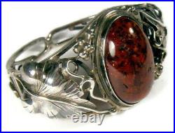 Vintage Art Nouveau Baltic Amber Sterling Silver Hinged Cuff Bracelet