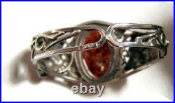 Vintage Art Nouveau Baltic Amber Sterling Silver Hinged Cuff Bracelet