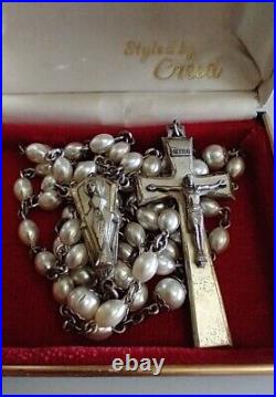 Vintage Catholic Creed Sterling Silver Marked Rosary Faux Pearl with Worn Box