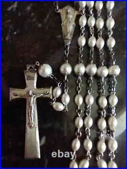 Vintage Catholic Creed Sterling Silver Marked Rosary Faux Pearl with Worn Box