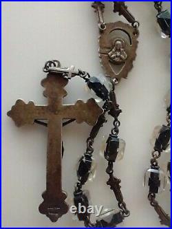 Vintage Catholic Rosary Sterling Silver Marked Cfx&Ctr 25 Clear Black Glass Cyl