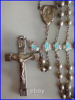 Vintage Catholic Rosary Sterling Silver Marked Cfx&Ctr Blue Enamel Floral Pater