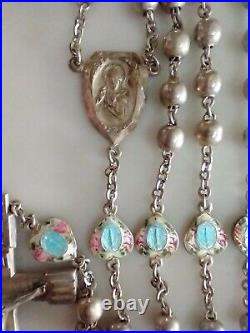 Vintage Catholic Rosary Sterling Silver Marked Cfx&Ctr Blue Enamel Floral Pater