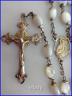 Vintage Catholic Rosary Sterling Silver Marked Ctr&Crx Mother of Pearl Beads MOP