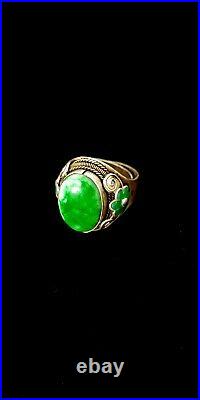 Vintage Chinese Export Sterling Green Jade Enamel Flower Adjustable Ring Marked