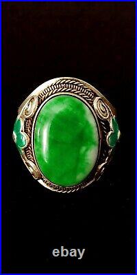 Vintage Chinese Export Sterling Green Jade Enamel Flower Adjustable Ring Marked