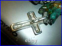 Vintage Chunky Turquoise Sterling Silver Pendant Necklace Cross Navajo Bear Mark