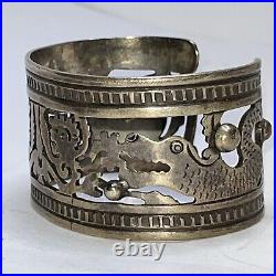 Vintage Dragon Signed Taxco 980 Early Cuff Bracelet 7 7/8 69.7g Cutout Marked