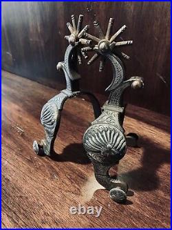 Vintage Handmade Sterling Silver Inlay Chief's Motif Single Mounted Spurs Marked