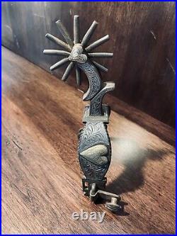 Vintage Handmade Sterling Silver Inlay Chiseledheart Single Mounted Spurs Marked
