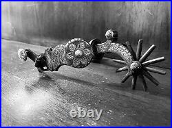 Vintage Handmade Sterling Silver Inlay Tapia Style Single Mounted Spurs Marked