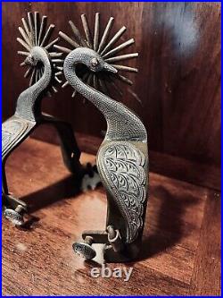 Vintage Handmade Sterling Silver Overlay Swan Single Mounted Spurs Maker Marked