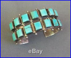 Vintage Indian Marked IHM Sterling Silver 2 Row Square Turquoise Cuff Bracelet