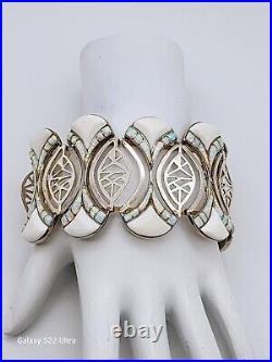 Vintage Inlaid Opal Artist Marked Rl Sterling Silver Stretch Bracelet 66 Grams