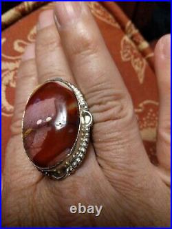 Vintage Large Colorful Jasper or Agate in Sterling Silver Oval Ring Marked 925