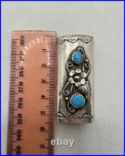 Vintage Lighter Case Sterling Silver Turquoise Old Engraved Marked Art Rare