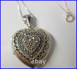 Vintage Mark MT Sterling Silver Marcasite Puffy Heart Locket Pendant Necklace