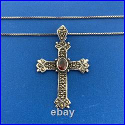 Vintage Marked 925 Sterling Silver Garnet Marcasite Religious Cross Necklace