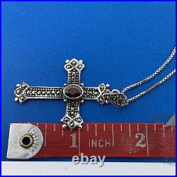 Vintage Marked 925 Sterling Silver Garnet Marcasite Religious Cross Necklace