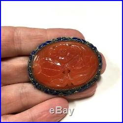 Vintage Marked CHINA Carved CARNELIAN & Enamel STERLING Silver Brooch Pin WW141m