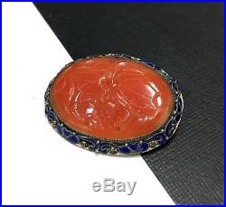 Vintage Marked CHINA Carved CARNELIAN & Enamel STERLING Silver Brooch Pin WW141m
