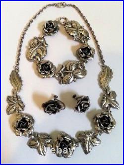 Vintage Marked Sterling Silver Necklace Bracelet Earrings Set Jewelry Roses