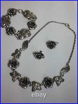 Vintage Marked Sterling Silver Necklace Bracelet Earrings Set Jewelry Roses