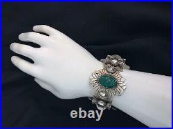 Vintage Mexican Sterling Silver Bracele, Hand Made, Large Green Stones Marked