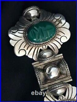Vintage Mexican Sterling Silver Bracele, Hand Made, Large Green Stones Marked