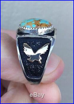 Vintage NAVAJO 14K Gold Sterling & Turquoise Eagle Wolf Fox Ring Marked TH Sz 11