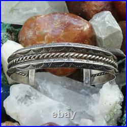 Vintage Navajo Carinated Sterling Silver Cuff Bracelet Stamp Decorated Marked SS