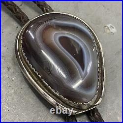 Vintage Navajo Sterling Silver Agate Large Chunky Bolo Tie Marked