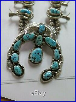 Vintage Navajo Sterling Silver Squash Blossom Necklace Fg Marked Turquoise