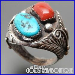 Vintage Old Pawn Marked Navajo Sterling Silver Coral & Turquoise Men's Ring (11)