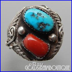 Vintage Old Pawn Marked Navajo Sterling Silver Coral & Turquoise Men's Ring (11)