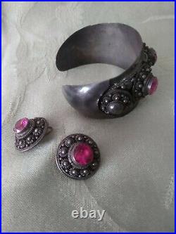 Vintage SIAM Sterling Silver Bangle Bracelet Earring SET 66 grams