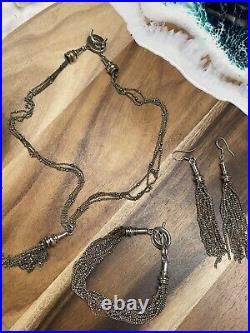 Vintage Set STERLING Marked 925 Necklace Bracelet And Earrings Tassels