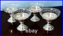 Vintage Set of 4 Marked Sterling Silver Sherbet Dessert Cups with Etched Glass