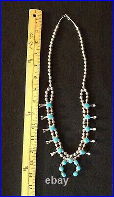 Vintage Signed Marked Turquoise Squash Blossom Sterling Silver Necklace 27 Inch