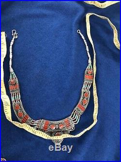 Vintage Silver Native Turquoise & Coral Bracelet & Necklace Set Marked 925