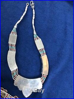 Vintage Silver Native Turquoise & Coral Bracelet & Necklace Set Marked 925