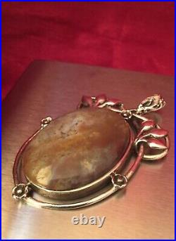 Vintage Solid Sterling Silver Art Nouveau Style Large Agate Pendant Marked 925